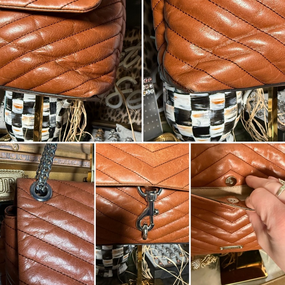 Rebecca Minkoff Edie Flap Shoulder Bag in brown leather with silver hardware. - Picture 3 of 8